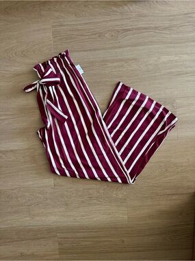Striped Burgundy and White Tie-Waist Cropped Pants